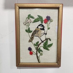 Embroidered Bird Wall Art with Gold Frame